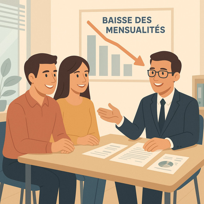 couple discutant avec un conseiller bancaire pour un rachat de crédit