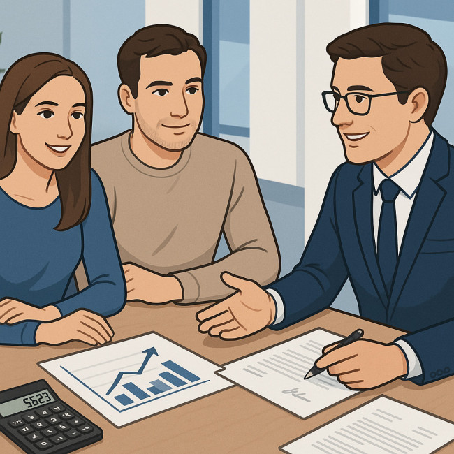 couple et conseiller bancaire calculant nouvelle capacité d'emprunt