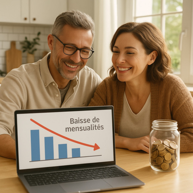couple heureux constatant la baisse de leurs mensualités après rachat de crédit