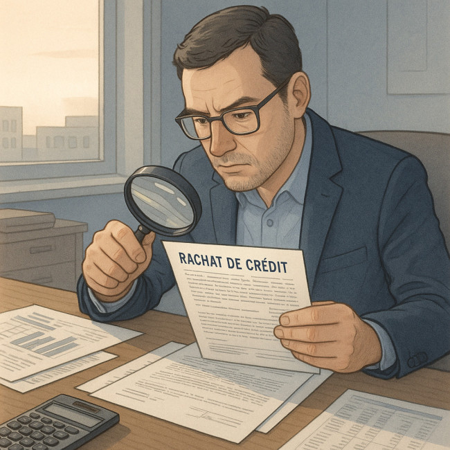 emprunteur analysant un contrat de rachat de crédit avec une loupe