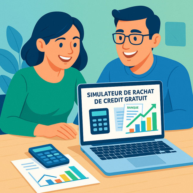 Couple effectuant une simulation de rachat de crédit sur ordinateur
